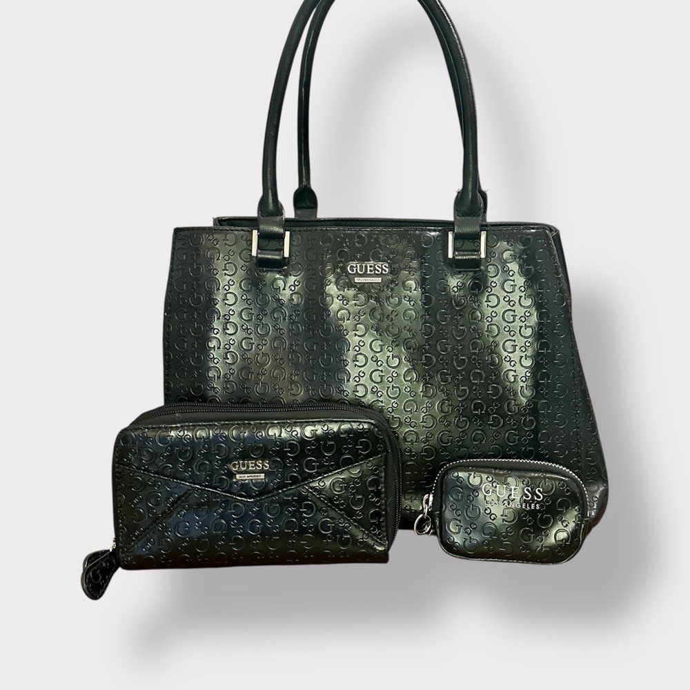 Guess Embossed G Black Satchel Set with Matching Wallet & Coin Pouch NWOT